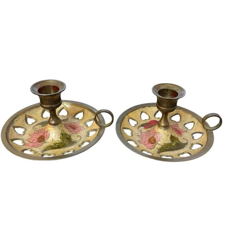Vintage Brass Chamber Stick | Cloisonné Candle Holder | Enameled Flower Motif